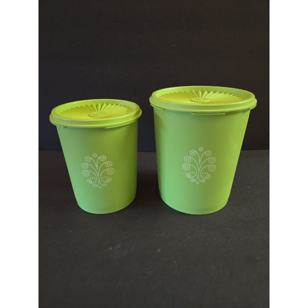 Vintage Tupperware Apple Lime Green Canister Set Lids Item 809-6 & 811-6